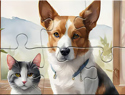 Gioco Puzzle: cane e gatto della pittura a olio 